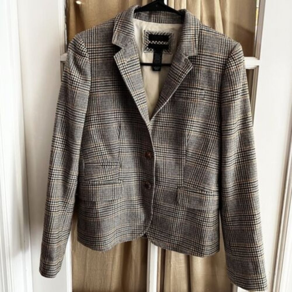 J Crew Collection Blazer Scottish Wool Houndstooth Beige Black Plaid Size 4